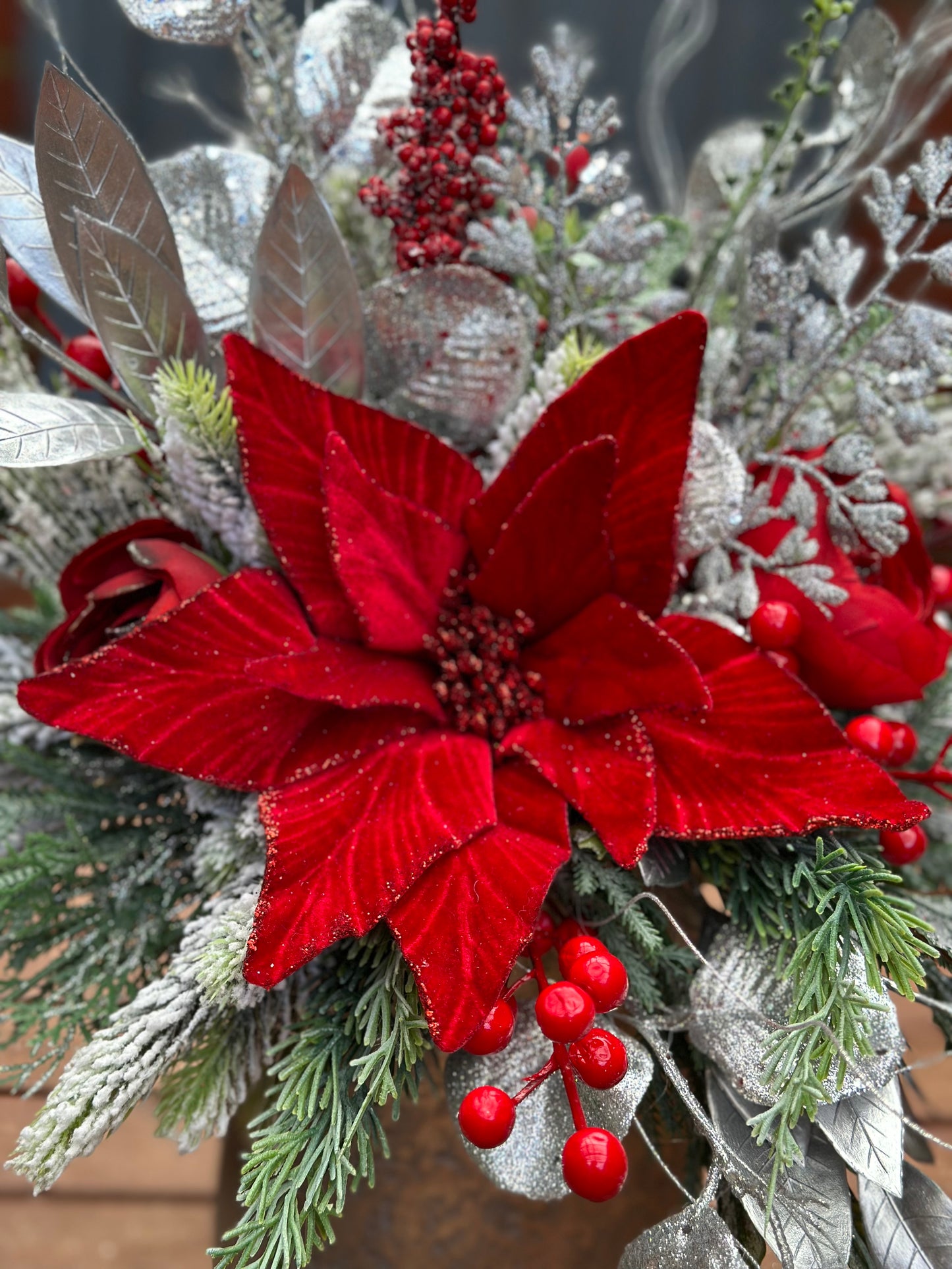 Crimson & Silver Holiday Splendor Christmas Arrangement