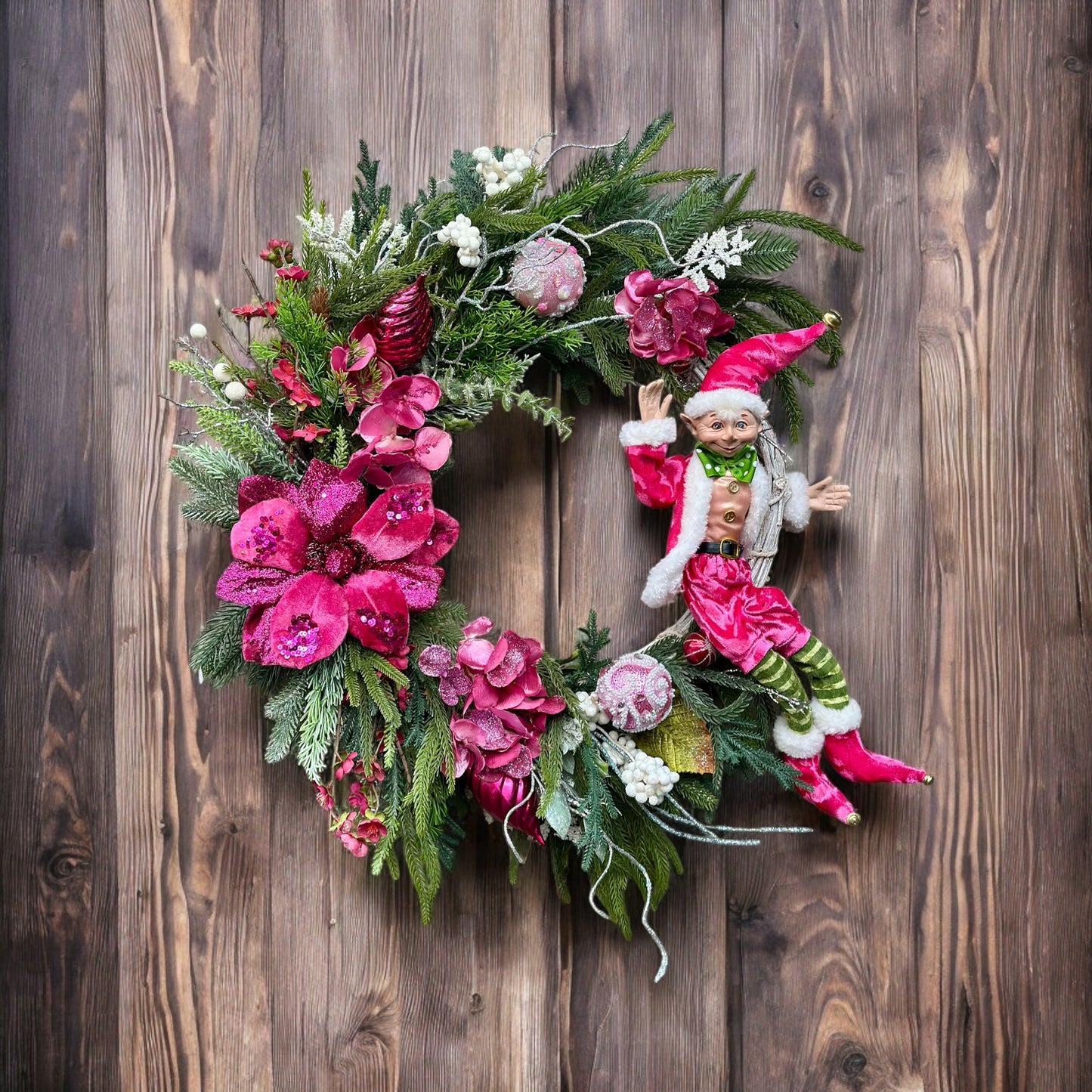 Cheeky Elf & Blush Blooms Christmas Wreath
