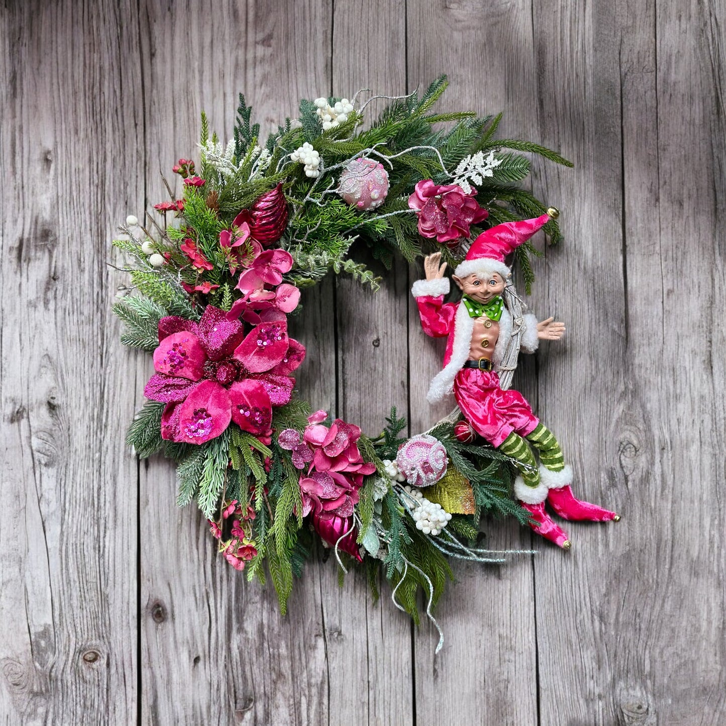 Cheeky Elf & Blush Blooms Christmas Wreath