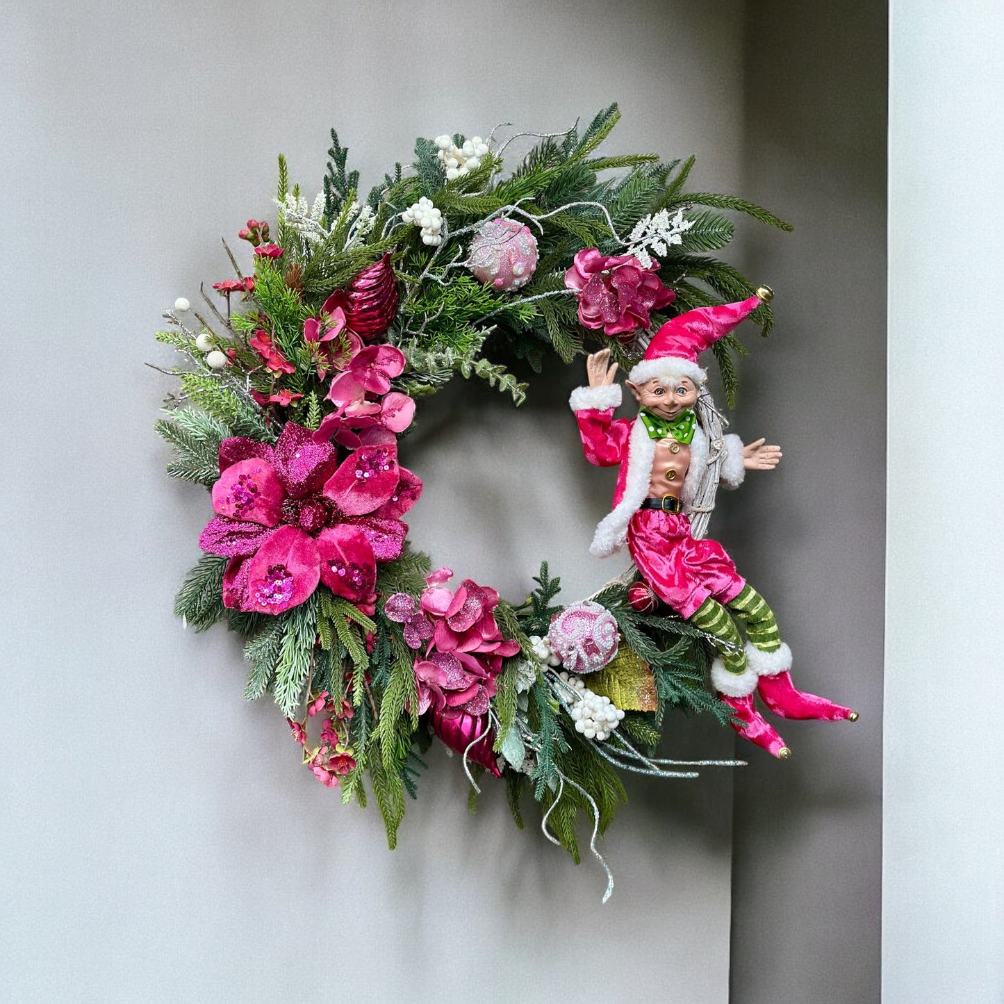 Cheeky Elf & Blush Blooms Christmas Wreath