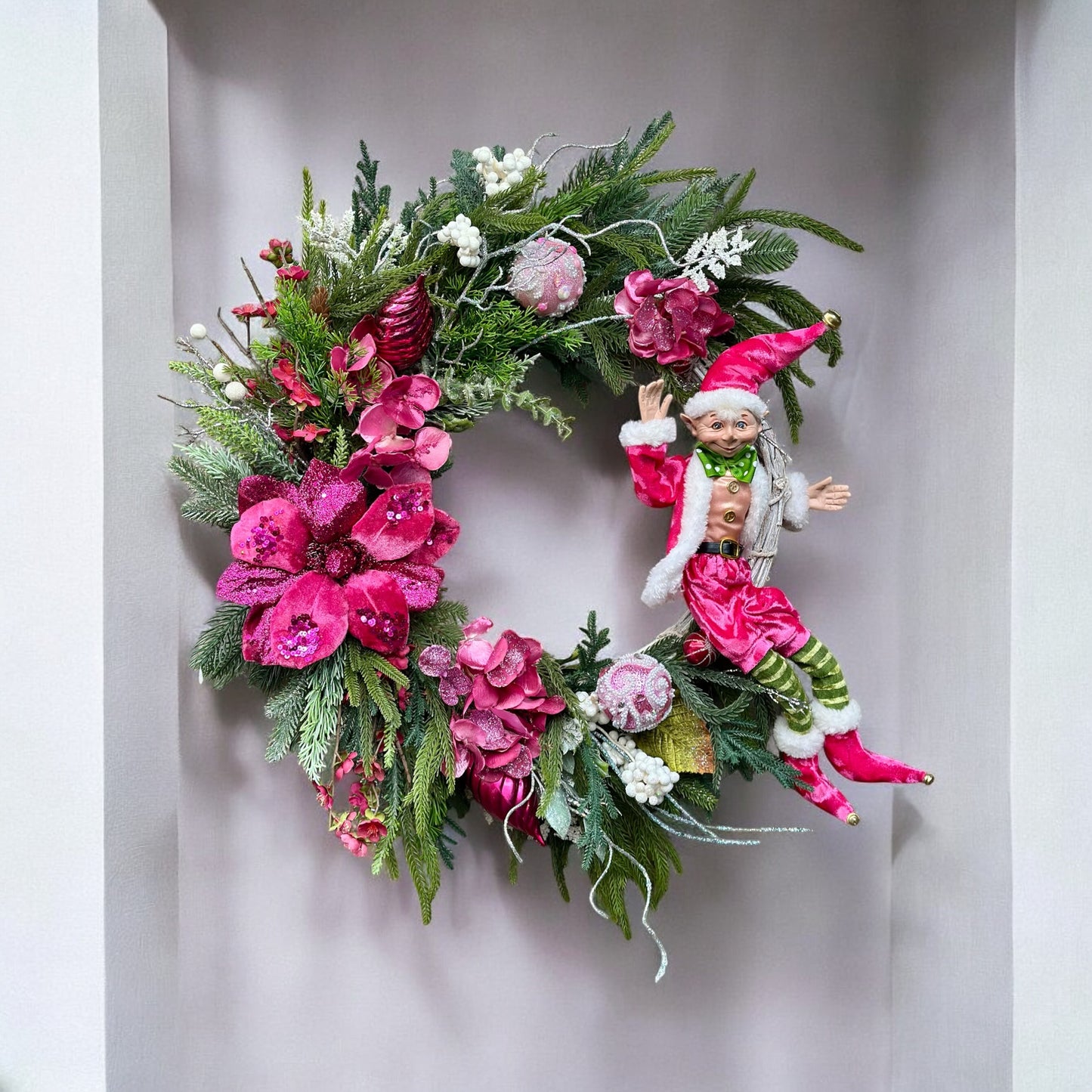 Cheeky Elf & Blush Blooms Christmas Wreath