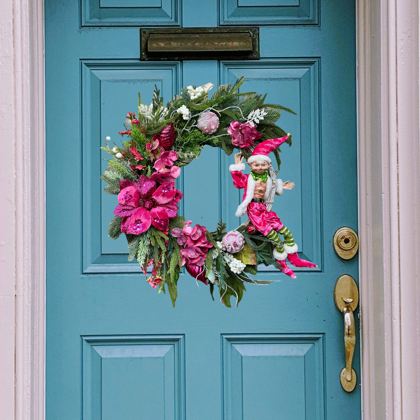 Cheeky Elf & Blush Blooms Christmas Wreath