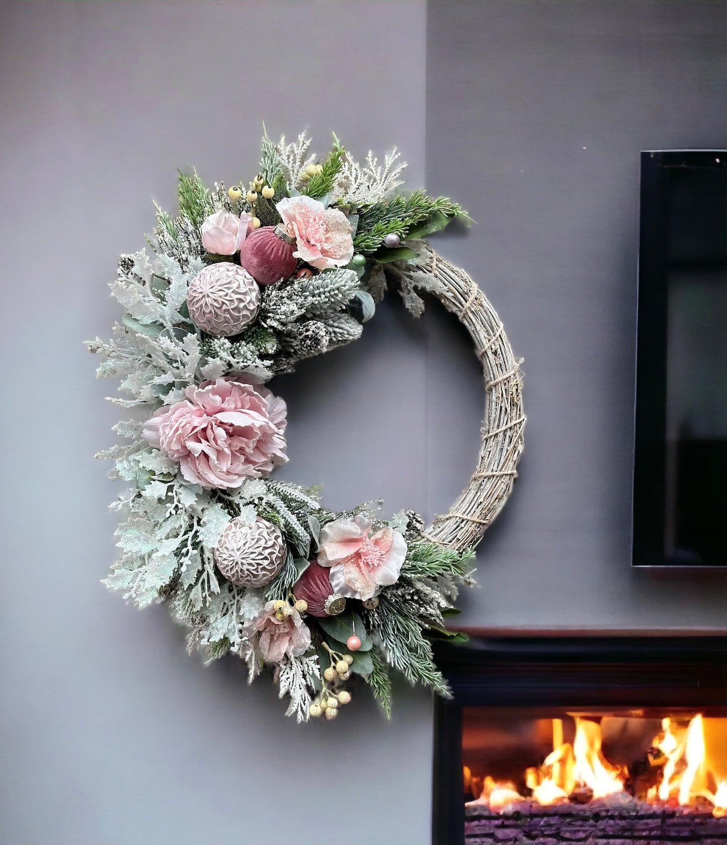 Snow Kissed Pink Christmas Wreath