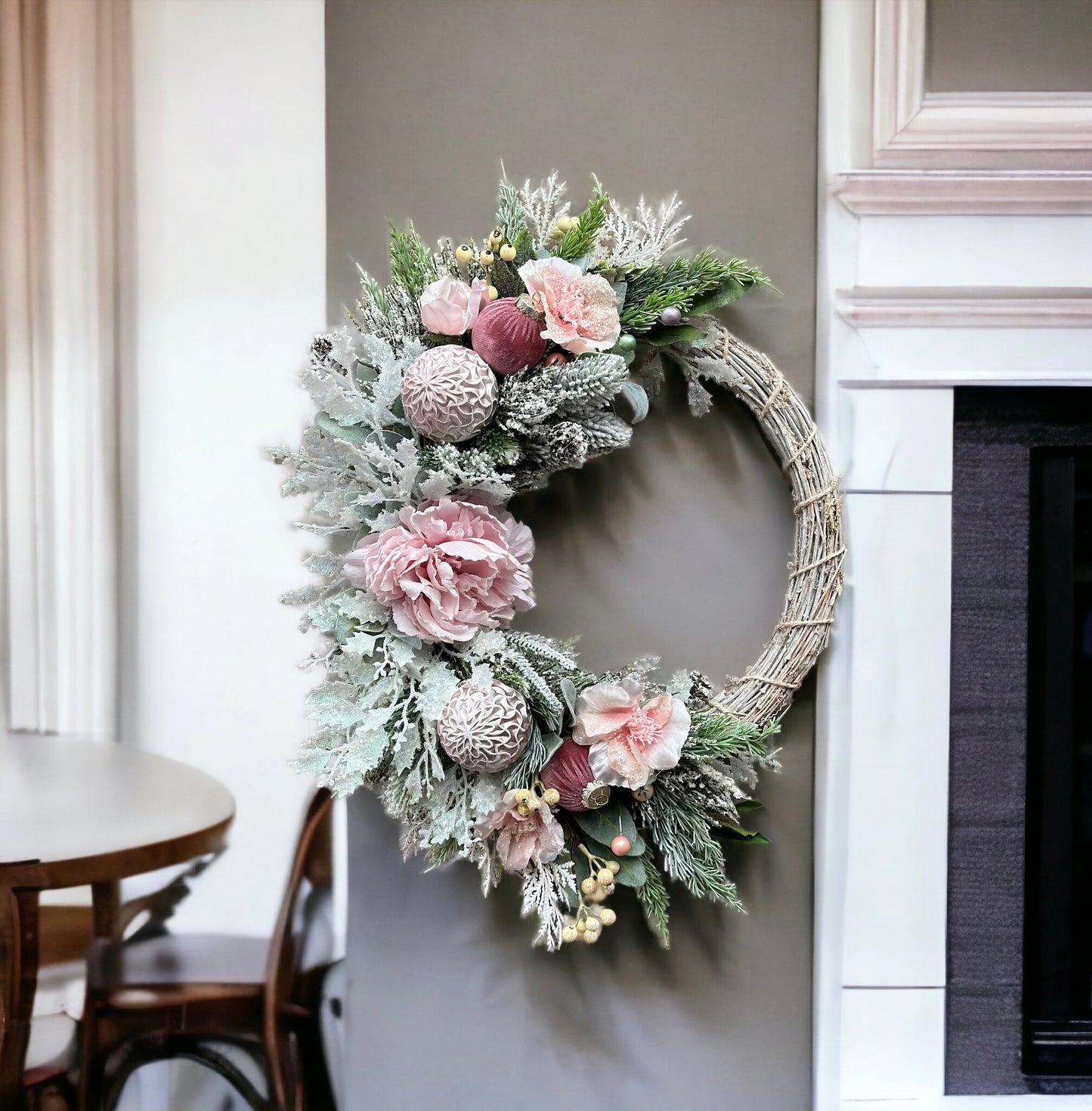 Snow Kissed Pink Christmas Wreath