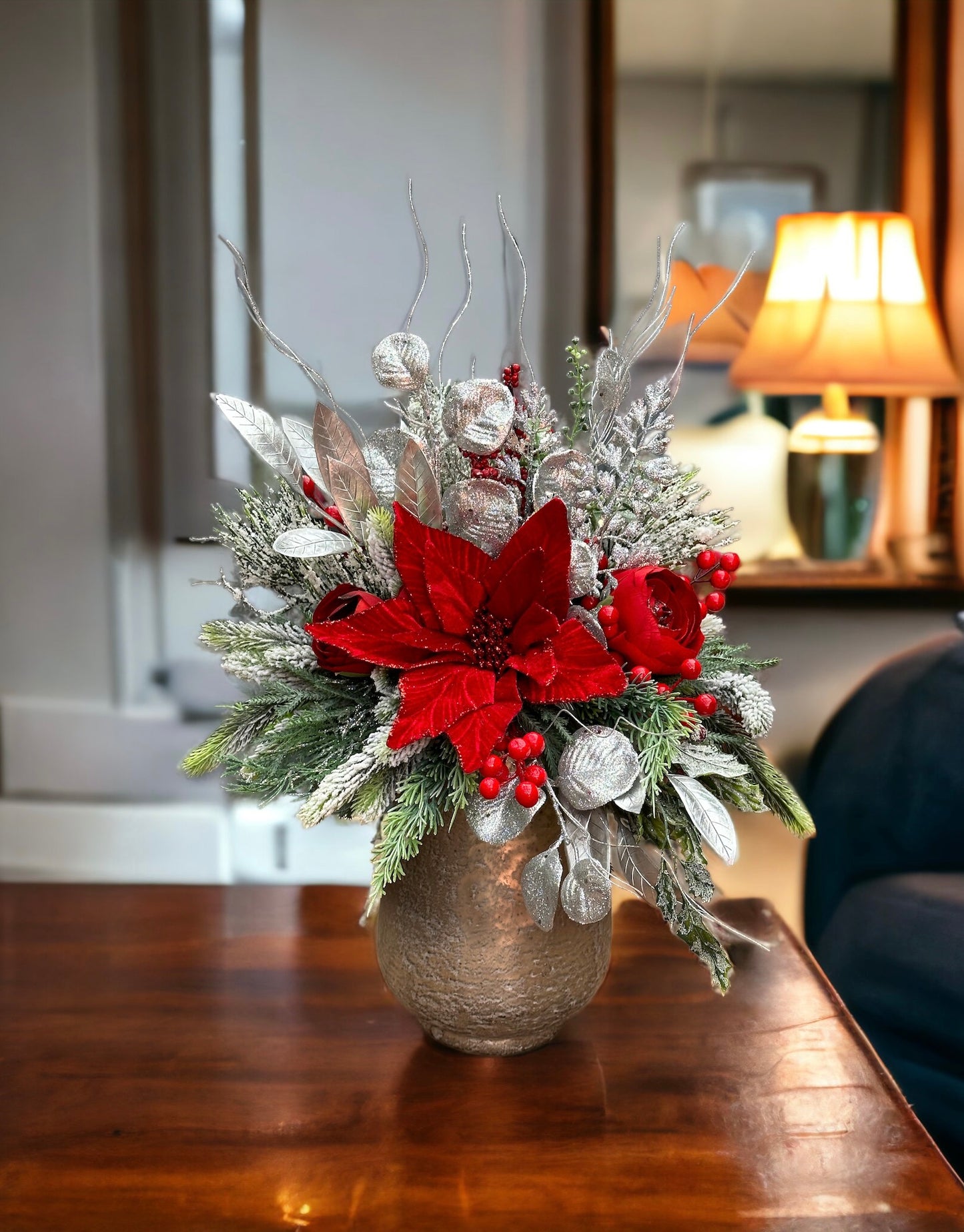 Crimson & Silver Holiday Splendor Christmas Arrangement