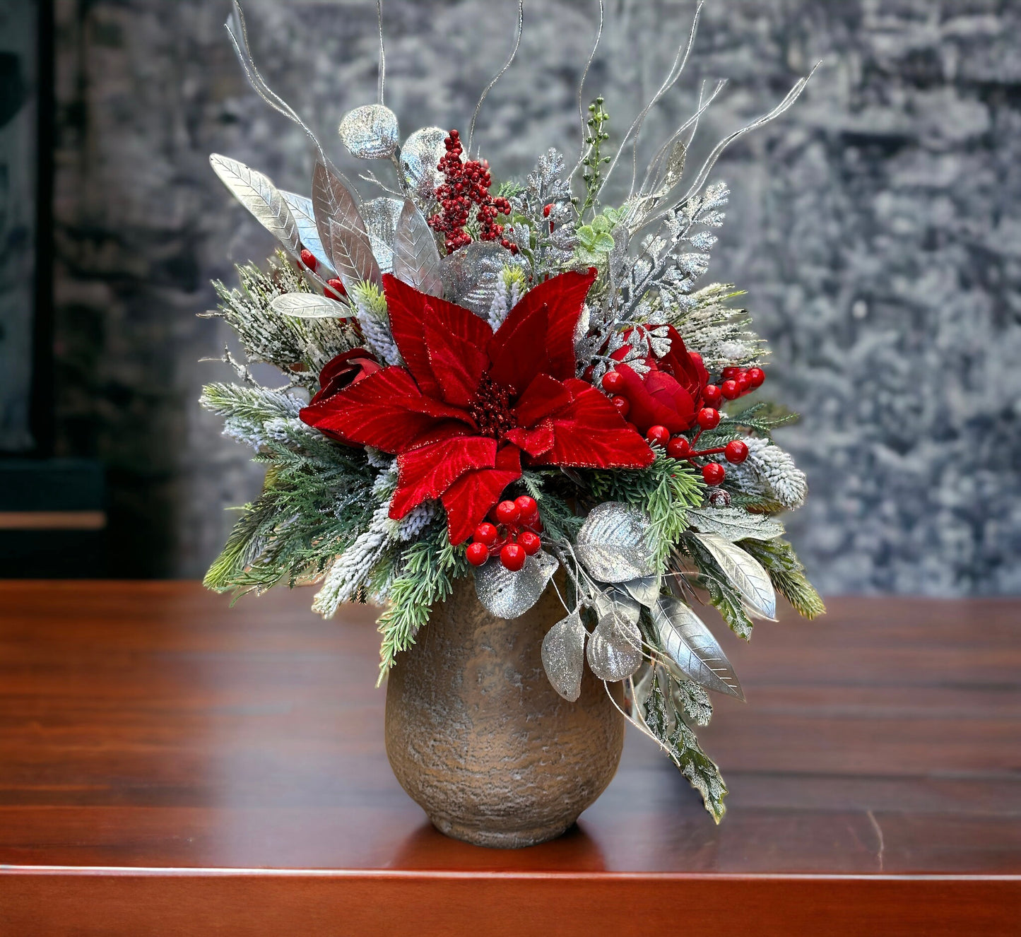 Crimson & Silver Holiday Splendor Christmas Arrangement