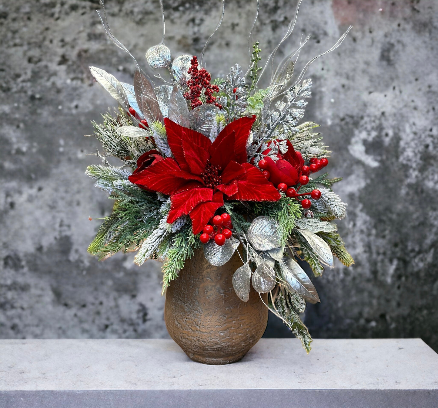 Crimson & Silver Holiday Splendor Christmas Arrangement