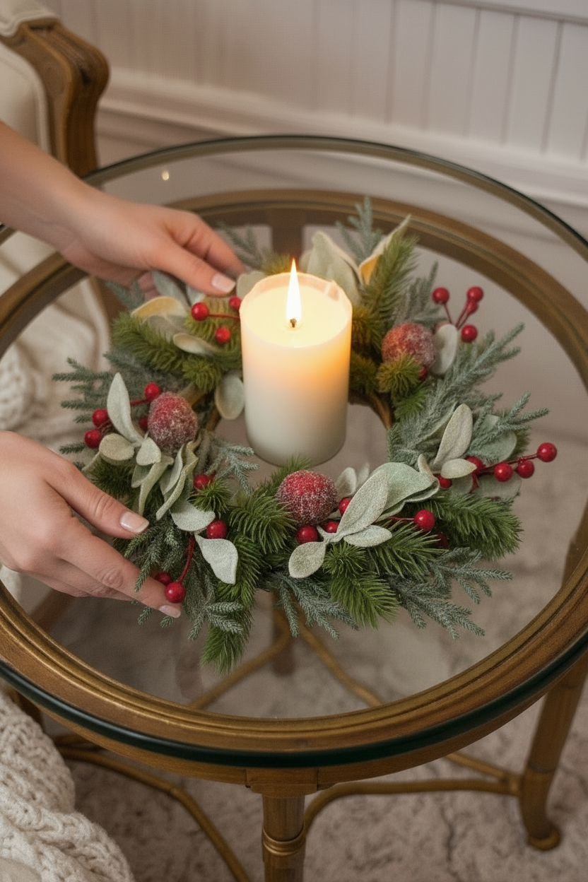 Frosted Berry Christmas Candle Holder/ Christmas Wreath