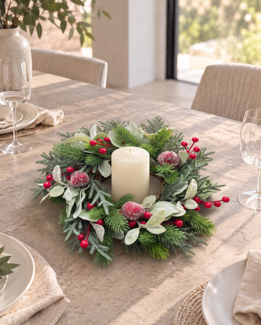 Frosted Berry Christmas Candle Holder/ Christmas Wreath